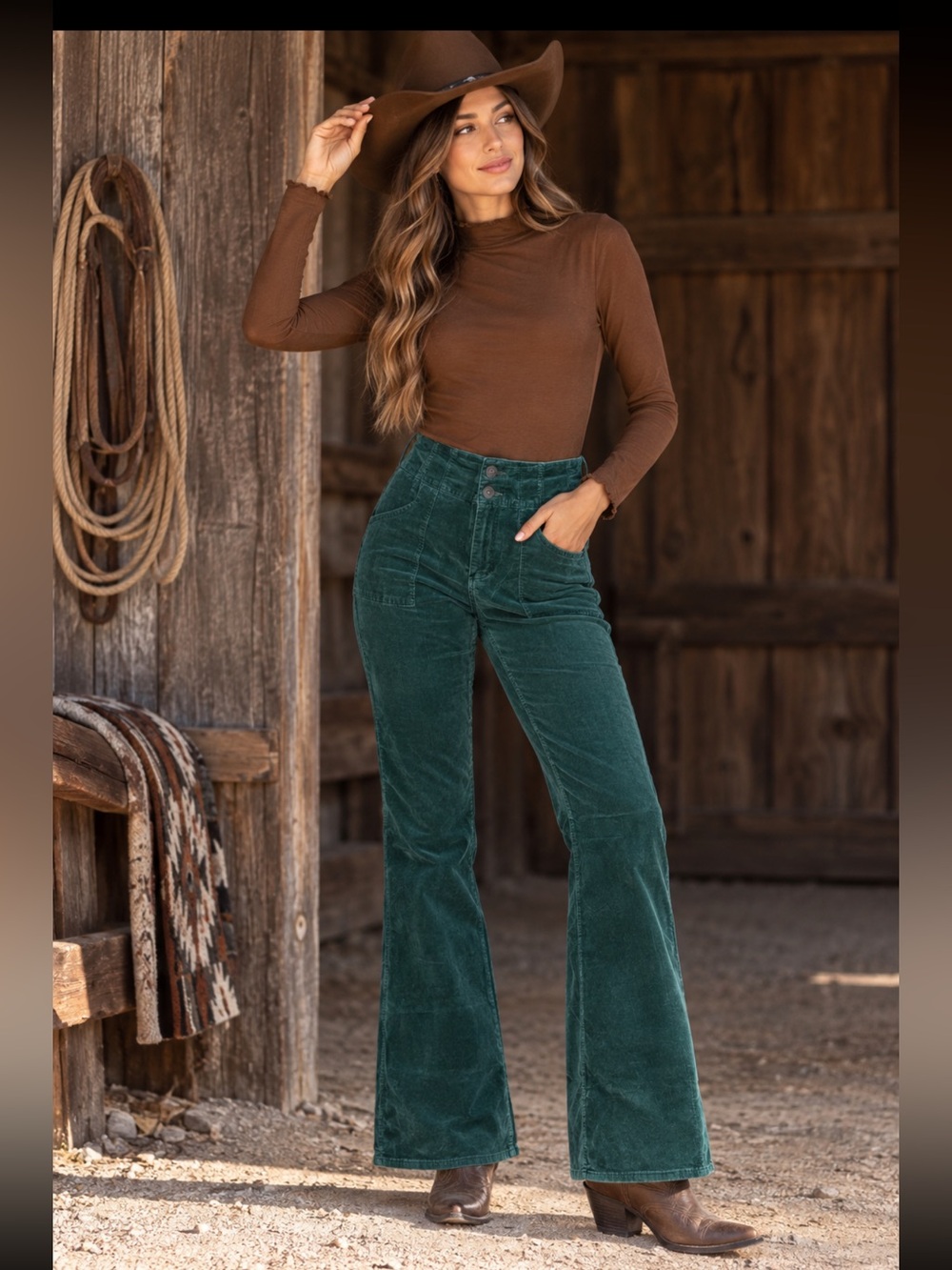 Free People Jayde Forest Green High Rise Flared Corduroy Pants Size